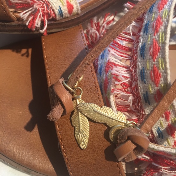 Tan Faux Leather/Colorful Fringe Ankle Tie Sandals - Picture 5 of 7